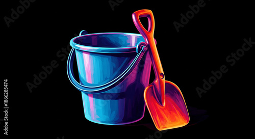 Vibrant colorful illustration of a bucket and shovel on black background for summer or beach theme