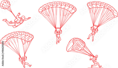 Red line parachute jump sequence vector with skydiver freefall, chute deployment, descent, maneuvering, and landing stages