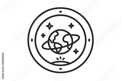 Space Hotel Icons. Line vector icons of zero-gravity hotel view: porthole circle, Earth outline, star cluster, window border,