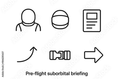 Preflight Icon Set. Line vector icons of preflight suborbital briefing: suit contour, clear visor, briefing card, upward arc, lock