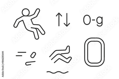 Zero-G Motion Icons. Line vector icons of zero-g passenger moment: body arc, free-float arrows, 0-g symbol, drifting legs, capsule