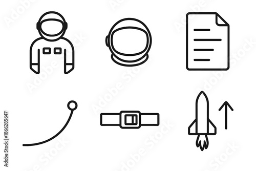 Space Launch Icons. Line vector icons of near-orbit launch preparation: astronaut suit outline, visor loop, procedure sheet,
