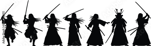 Samurai Woman Silhouette Vector Collection, Set of Traditional Japanese Female Warriors, Ninja, and Ronin with Katana Swords in Dynamic Poses for Martial Arts and Historical Design