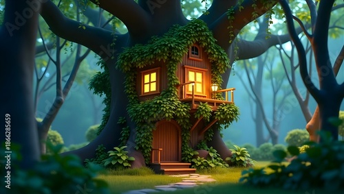 Forest view wooden beautiful tree house.