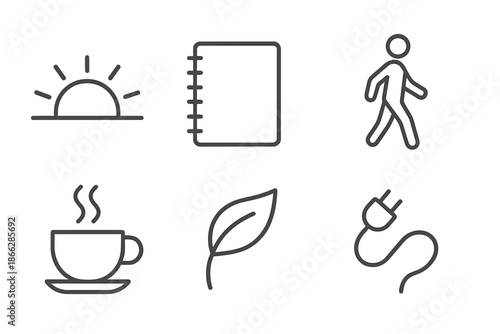 Analog Relaxation Icons. Line vector icons of analog relaxation Sunday: sunlight arc, sketchbook, leisure walk, coffee steam, leaf