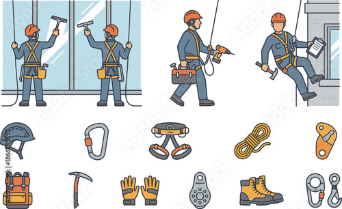 Industrial rope access and window cleaning workers with safety gear and equipment illustration set