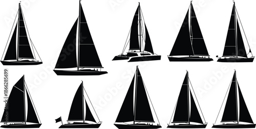 Sailboat silhouettes vector illustration set, various monochrome sailing boat outlines, nautical vessel shapes, collection of yacht and catamaran silhouettes 