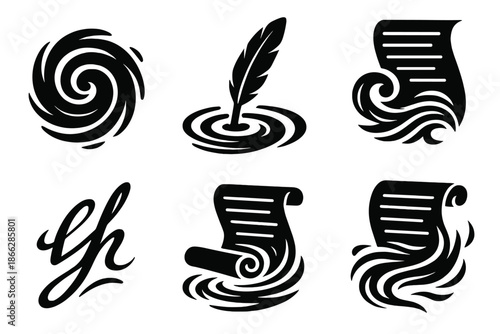 Ink Vortex Icons. olid style icons of ink vortex writing: swirling ink, submerged quills, whirlpool pages, flowing calligraphy,