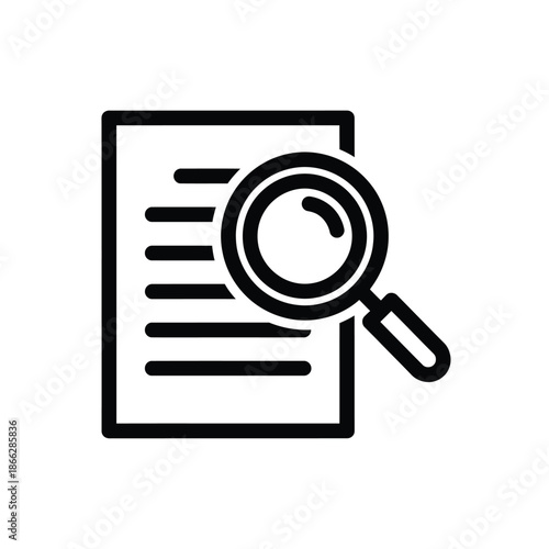 Vector illustration icon a black and white icon of a document with a magnifying glass on it, isolated on