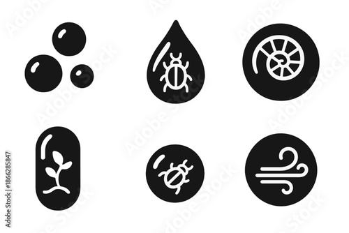 Air-Trapped Relics Icons. Solid style icons of air-trapped relics: glowing bubbles, amber droplets, fossil spheres, suspended