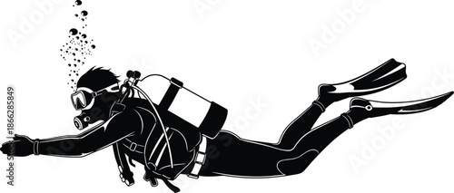 Scuba diver silhouette swimming underwater with air bubbles, professional diving equipment with oxygen tank and flippers, black and white vector ocean illustration