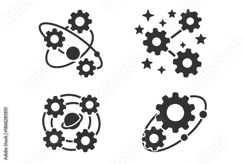 Cosmic Gear Icons. Solid style icons of cosmic gear networks: interlocking cogs, planetary shafts, star clusters, rotational