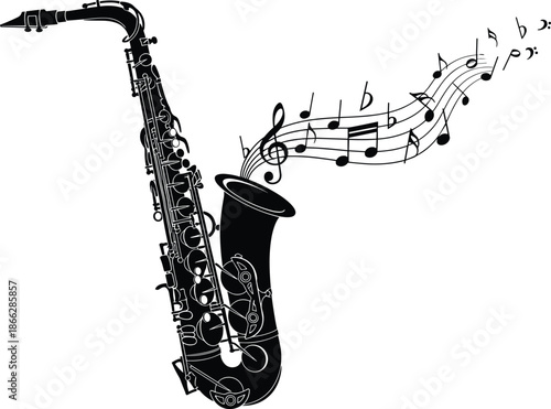 Saxophone silhouette, musical notes flowing, melody illustration, jazz instrument vector, black music icon, treble clef, flat sign, artistic sound concept