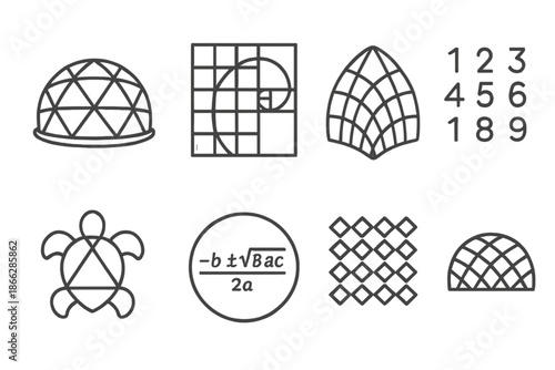 Mathematical Shell Icons. Line style icons of mathematical shell designs: polygonal dome, ratio grid, shell geometry, number cell,