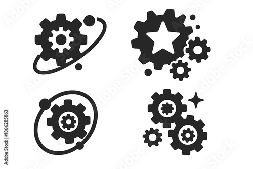 Celestial Gear Icons. Solid style icons of celestial gear systems: planetary cogs, star wheels, orbiting mechanisms, cosmic gear