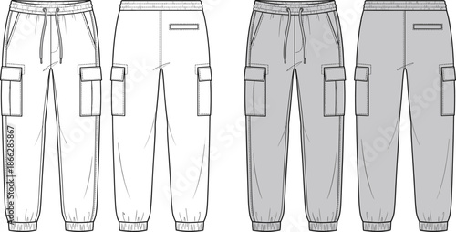 Men cargo jogger pants technical fashion illustration, front back view vector flat design apparel template with pockets elastic waistband cuffed hem for clothing manufacturing