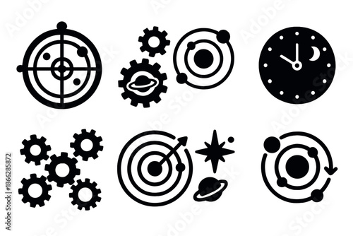 Astronomical Clockwork Icons. Solid style icons of astronomical clockwork: planetary dials, gear arrays, orbit indicators, cosmic