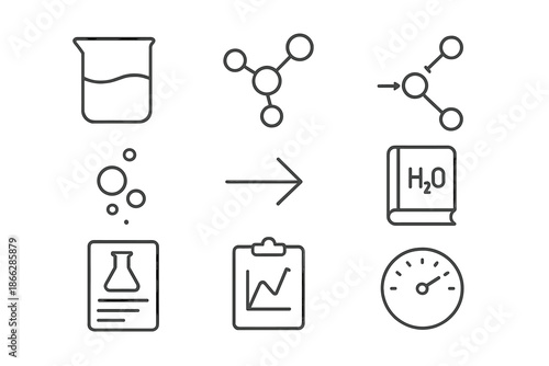 Chemical Process Icons. Line style icons of chemical process records: beaker outline, molecule chart, reaction path, gas bubble,