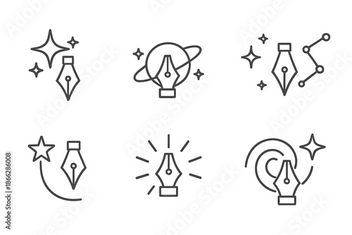 Stellar Pen Icons. Line style icons of stellar pen tools: shining pen, orbit line, glowing dot, constellation stroke, star path,