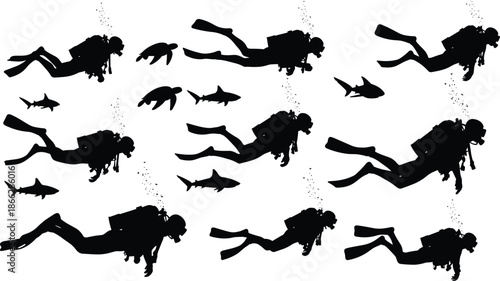 Scuba diver silhouettes collection showing underwater divers swimming with fish and sea turtles, ocean adventure and marine life, black vector illustration set