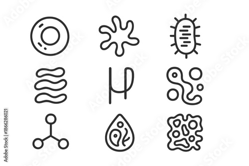 Bio-Linguistic Icons. Line style icons of bio-linguistic signals: cellular ring, algae mark, coded cell, organic flow, micro