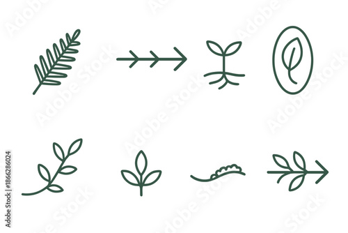 Prehistoric Plant Icons. Line style icons of prehistoric vegetation guides: fern arrow, rooted path, ancient stem, leaf track,