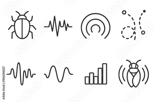 Entomological Sound Icons. Line style icons of entomological sound systems: insect shape, vibration graph, ripple arc, particle