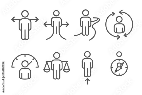 Serenity in Decision Making. Line style icons of serene decision makers: balanced arrows, soft crossroad, mindful path, circular