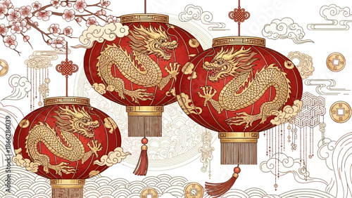Golden Chinese New Year Lantern Decorations in Traditional Asian Art Style Illustration