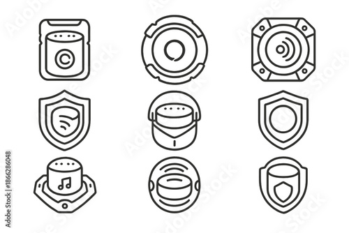 Armored Echo Icons. Line style icons of armored echo devices: protective case, sound circle, vibration path, metallic curve,