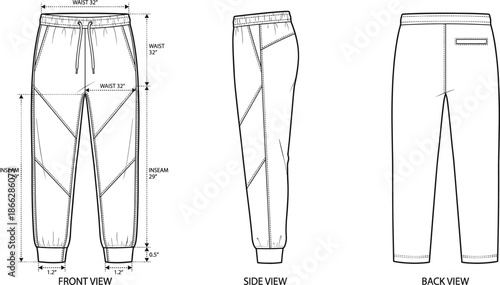 Men jogger pants technical flat sketch, front side back view, fashion apparel blueprint, garment measurement guide, sportswear design illustration, vector clothing template