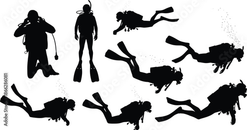 Scuba diver silhouettes collection showing underwater swimming poses with oxygen tank, marine exploration and diving activity concept, ocean sport theme, black vector illustration