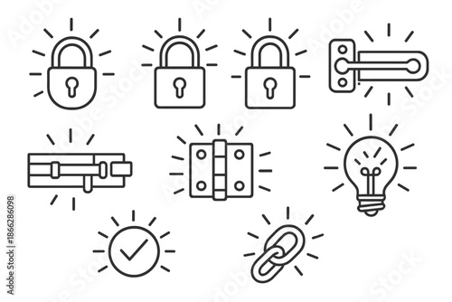 Radiant Locking Icons. Line style icons of radiant locking mechanisms: illuminated clasp, polished padlock, gleaming catch, bright