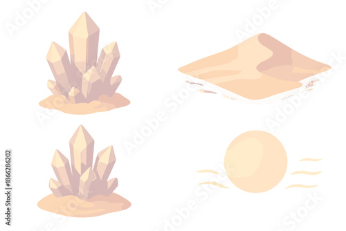 Mineral Dreamscape Icons. Isometric vector illustration set Mineral Dreamscape: crystal clusters, soft dune slope, heat shimmer,