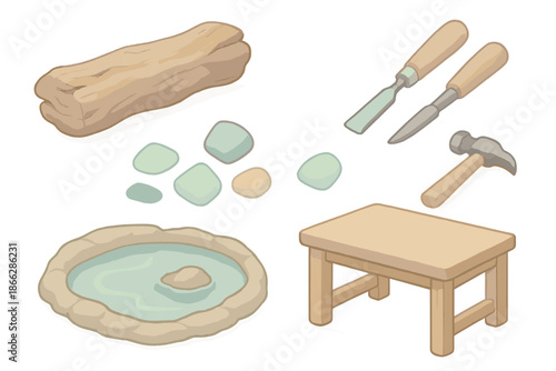 Coastal Workshop Icons. Isometric vector illustration set Coastal Artisan Workshop: driftwood log, chisel tools, seaglass, small