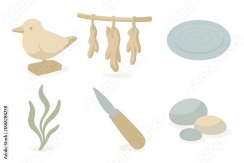 Ocean Breeze Woodcraft. Isometric vector illustration set Ocean Breeze Woodcraft: carved bird, drying driftwood, ripple reflection