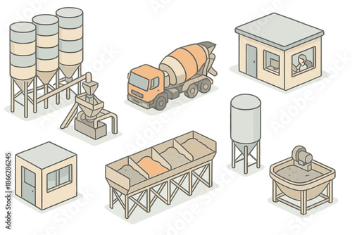 Concrete Plant Isometric Illustration. Isometric vector illustration set Modern Concrete Plant Scene: batching tower, concrete