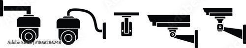 Security camera icons set, CCTV surveillance symbols, video monitoring equipment, protection technology illustration, home office safety concept, isolated black silhouette design collection