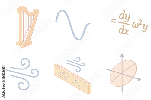 Whispering Wind Mechanics. Isometric vector illustration set Whispering Wind Mechanics: harp silhouette, curved graph lines,