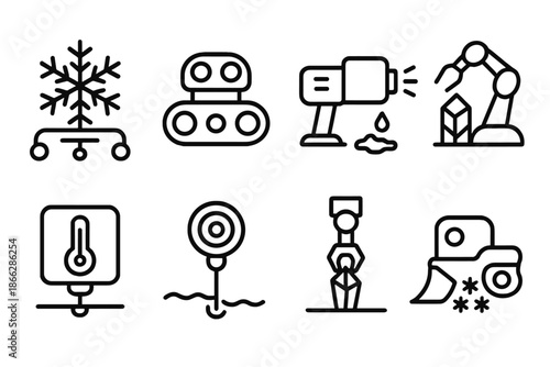 Tiny Ice Weathering Icons. Line style icons of tiny ice weathering machines: frost gear, nanobot track, melting beam, ice
