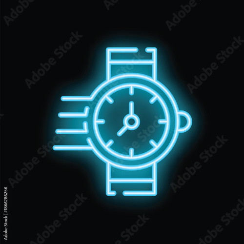 Neon wrist watch showing speeding time concept icon in trendy style