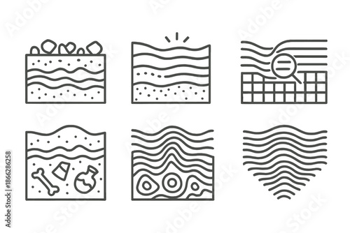 Historical Waste Icons. Line style icons of historical waste visualization: debris cross-section, glowing layers, light scan,