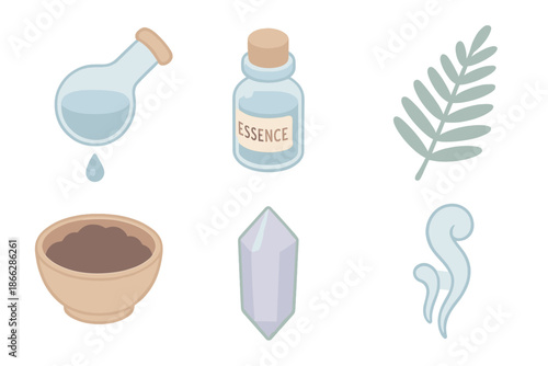 Rain Essence Icons. Isometric vector illustration set Rain Essence Workshop: dripping flask, vial labeled essence, clay bowl with