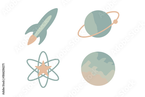 Mid-Century Space Icons. Isometric vector illustration set Mid-Century Space Design: rocket silhouette, orbit path, atomic star,
