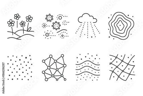 Airborne Botanical Mapping. Line style icons of airborne botanical mapping: pollen field, spore distribution, dust network,