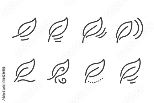 Leaf Motion Icons. Line style icons of leaf-rustle notifications: curved leaf, motion lines, soft vibration, natural echo, gentle