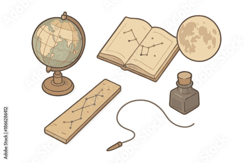 Antique Sky Navigation Icons. Isometric vector illustration set Antique Sky Navigation: aged globe, constellation ruler, open