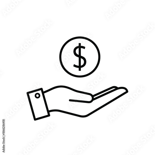 Vector illustration icon a hand with a shirt cuff offering a dollar coin on a in a simple line art style for business or finance concepts
