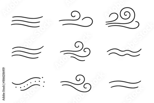 Subtle Wind Icons. Line style icons of subtle wind alerts: whisper line, curved motion path, light gust, breeze ripple, soft wave,