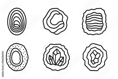 Geological Pocket Icons. Line style icons of geological pocket stories: stratified hollow, curved mineral wall, layered pocket,